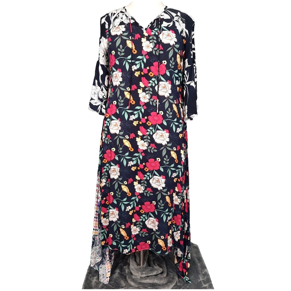 Umgee Dress Large Floral Patchwork Mixed Print Bell Sleeves Asymmetrical Boho
